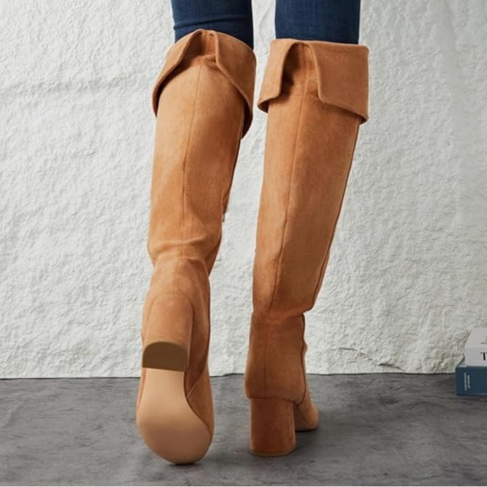Putu Boots Block Heel Over the Knee Faux Suede Tall Tan Light Brown Size 8.5 - Picture 2 of 11